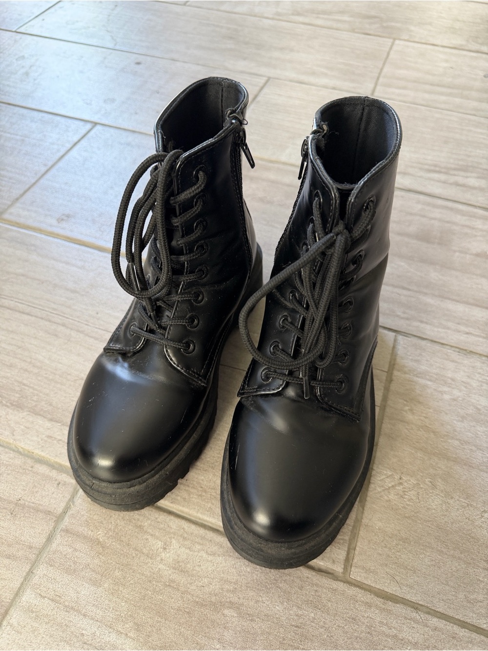 Qupid Black Lace-Up Platform Moto Boots with Side Zipper